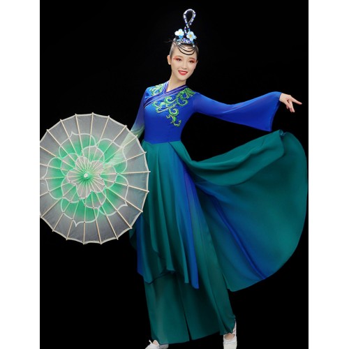 Royal blue with green Gradient Chinese Classcial Folk Dance Dresses For Women Girls Chinese Ancient Traditional Yangko Fan fairy Umbrella dance Costumes for Female